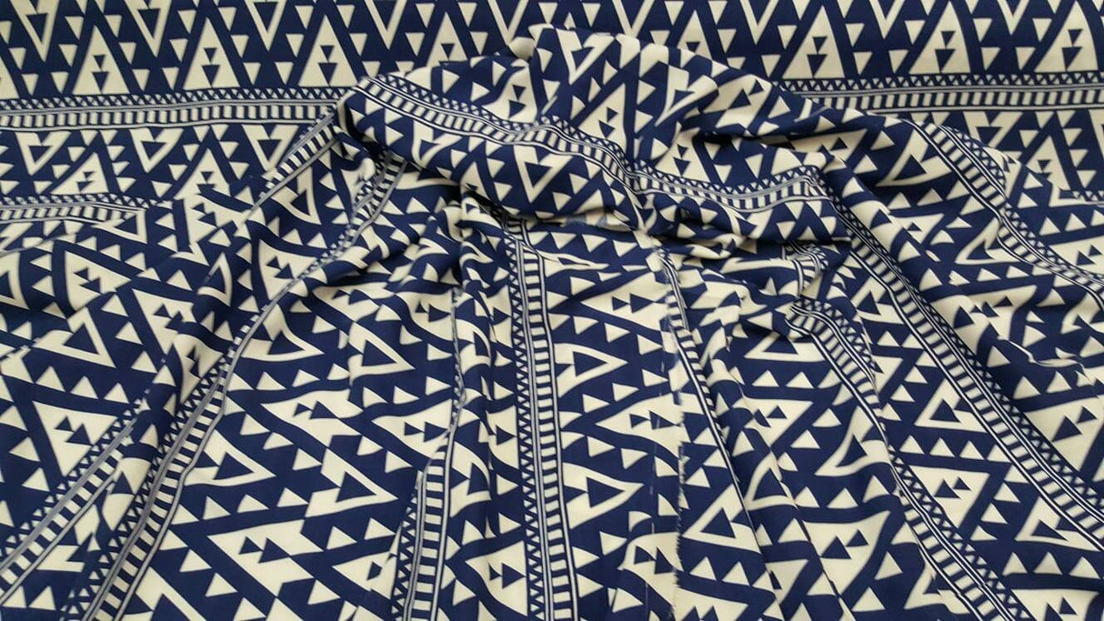 Rayon Challis Geometric White and Blue Fabric