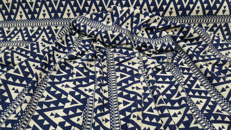 Rayon Challis Geometric White and Blue Fabric