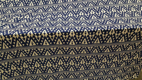 Rayon Challis Geometric White and Blue Fabric