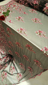 Pink Floral Embroidered Lace on Black Mesh