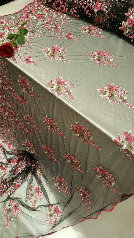 Pink Floral Embroidered Lace on Black Mesh