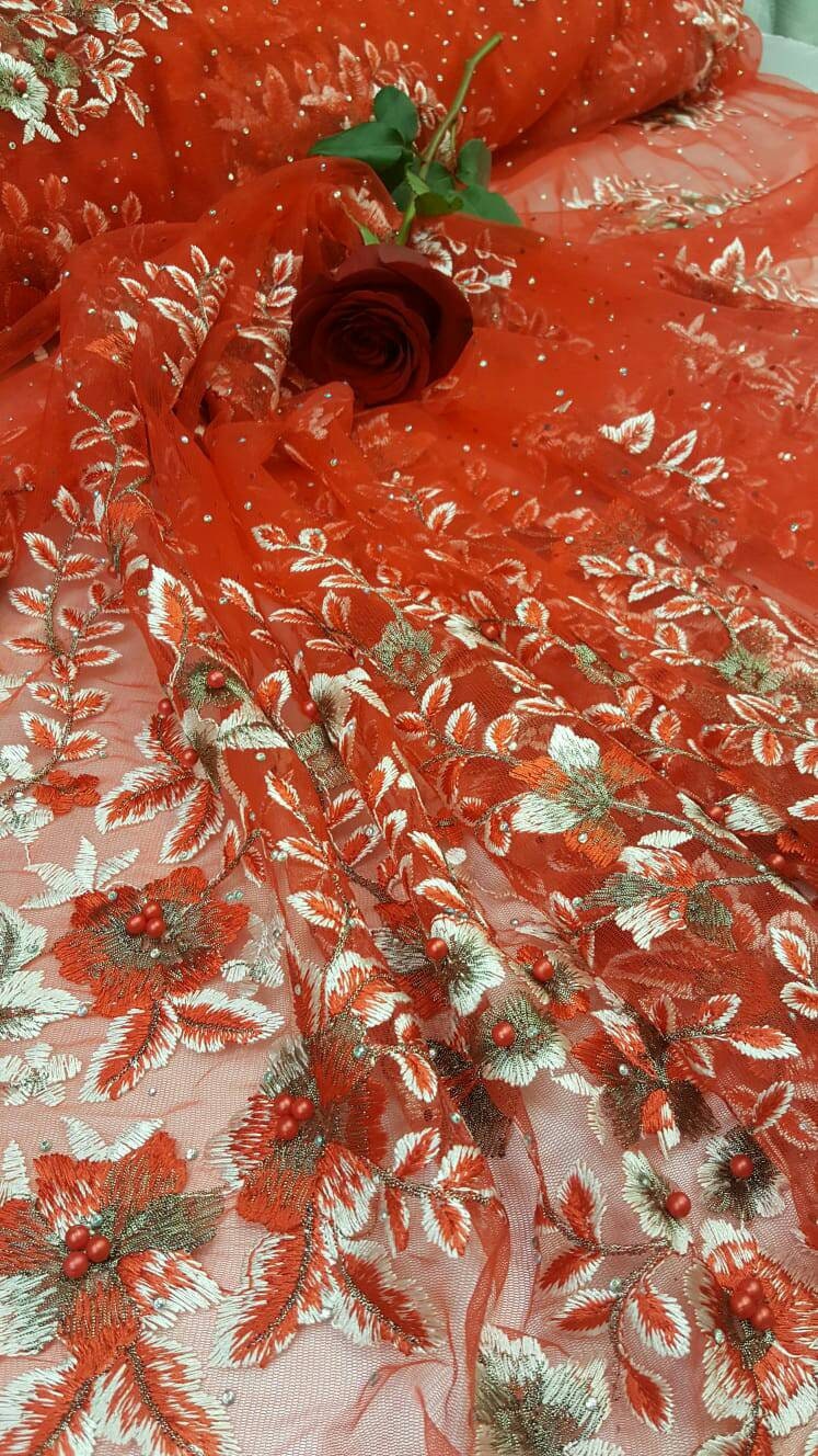 Red Floral Lace on Mesh