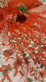 Red Floral Lace on Mesh