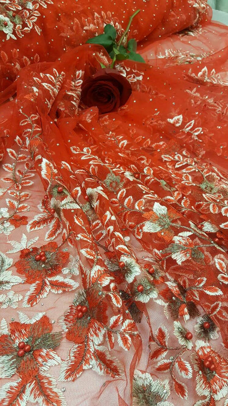 Red Floral Lace on Mesh