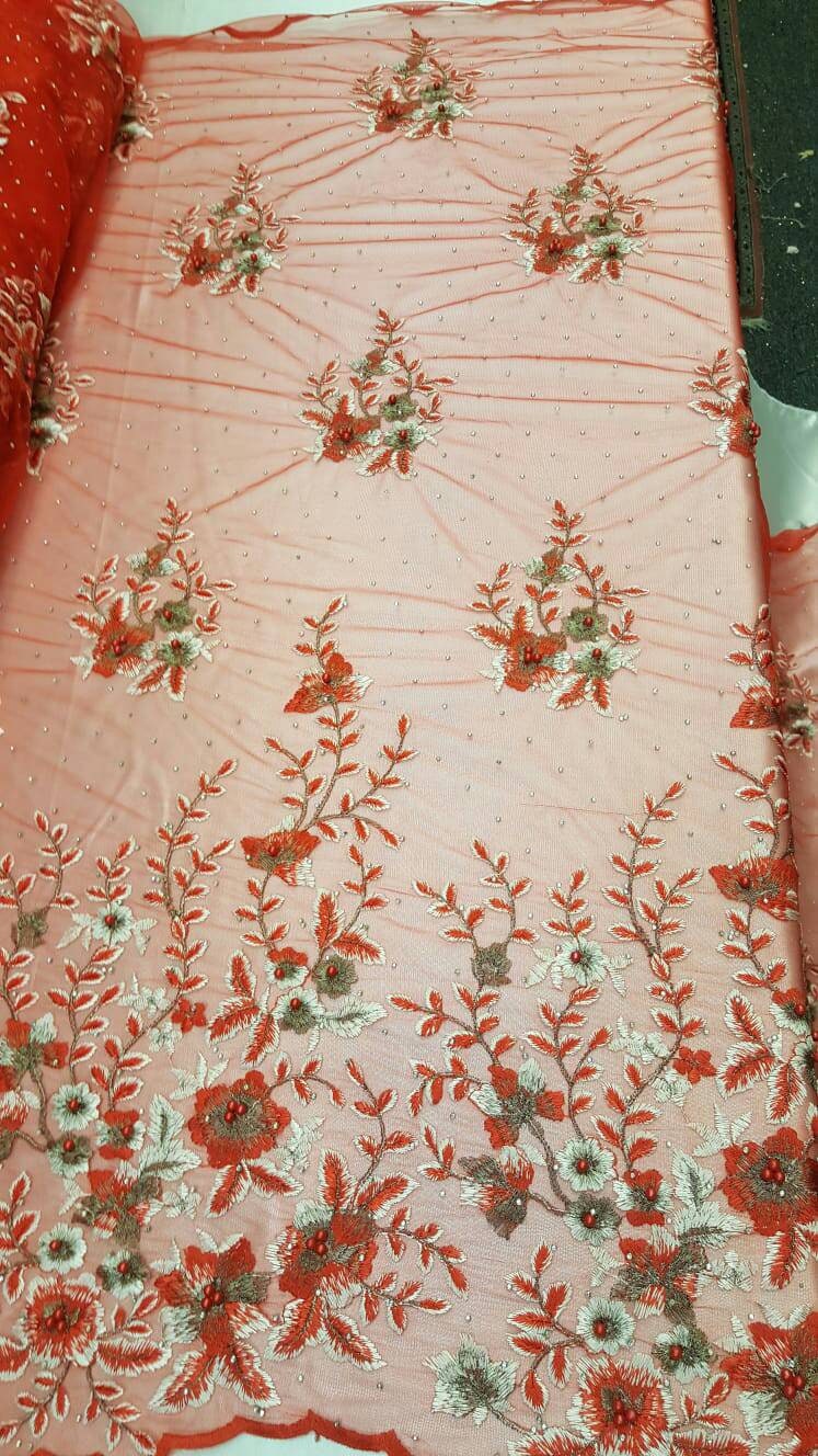 Red Floral Lace on Mesh