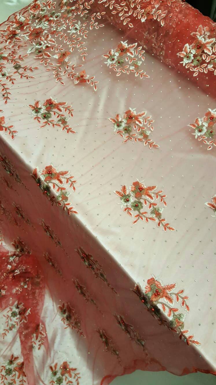 Embroidered Floral Lace Mesh Coral