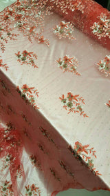Embroidered Floral Lace Mesh Coral