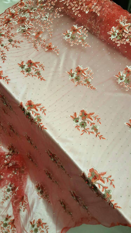 Embroidered Floral Lace Mesh Coral