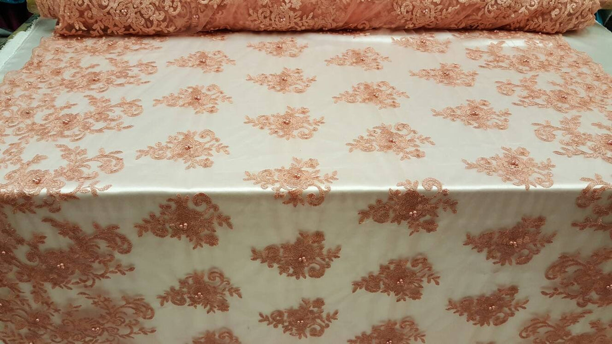 Embroidered Lace Floral Pearls on Mesh Peach