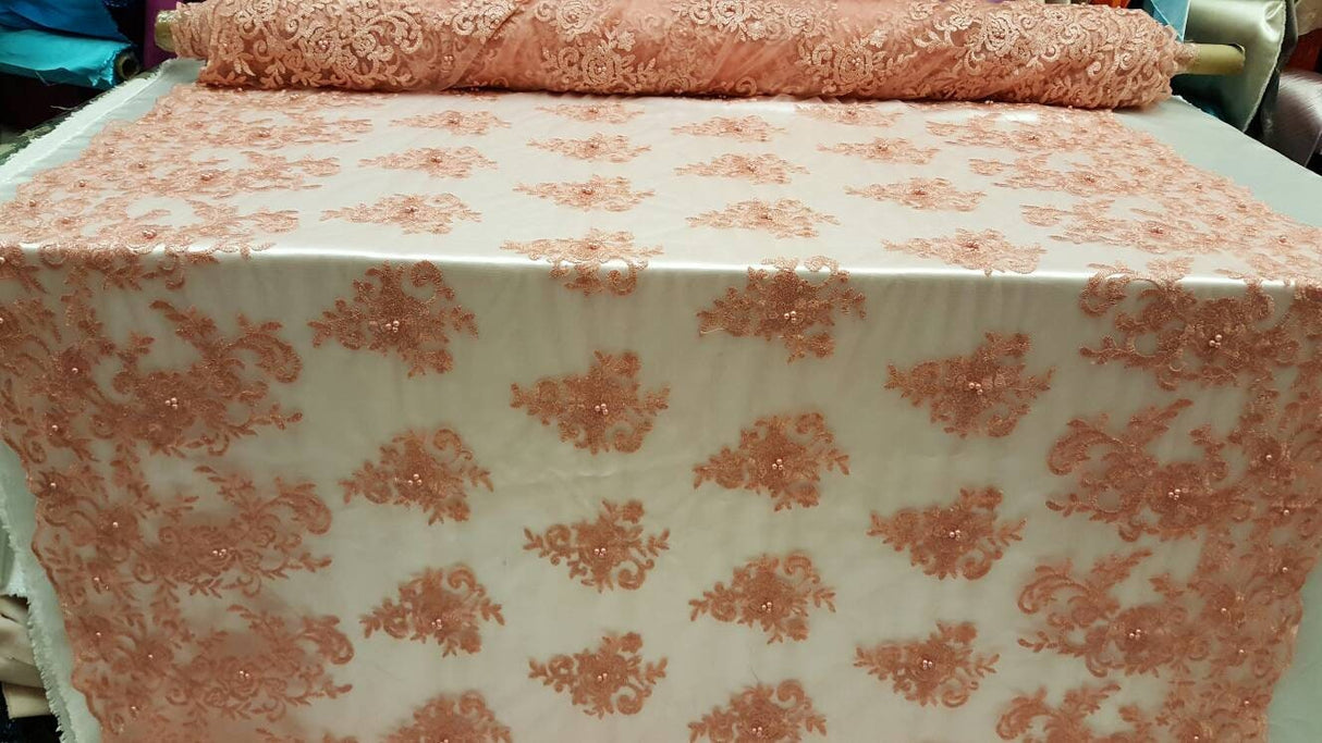 Embroidered Lace Floral Pearls on Mesh Peach