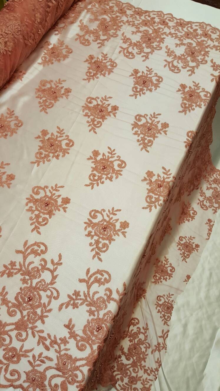 Embroidered Lace Floral Pearls on Mesh Peach