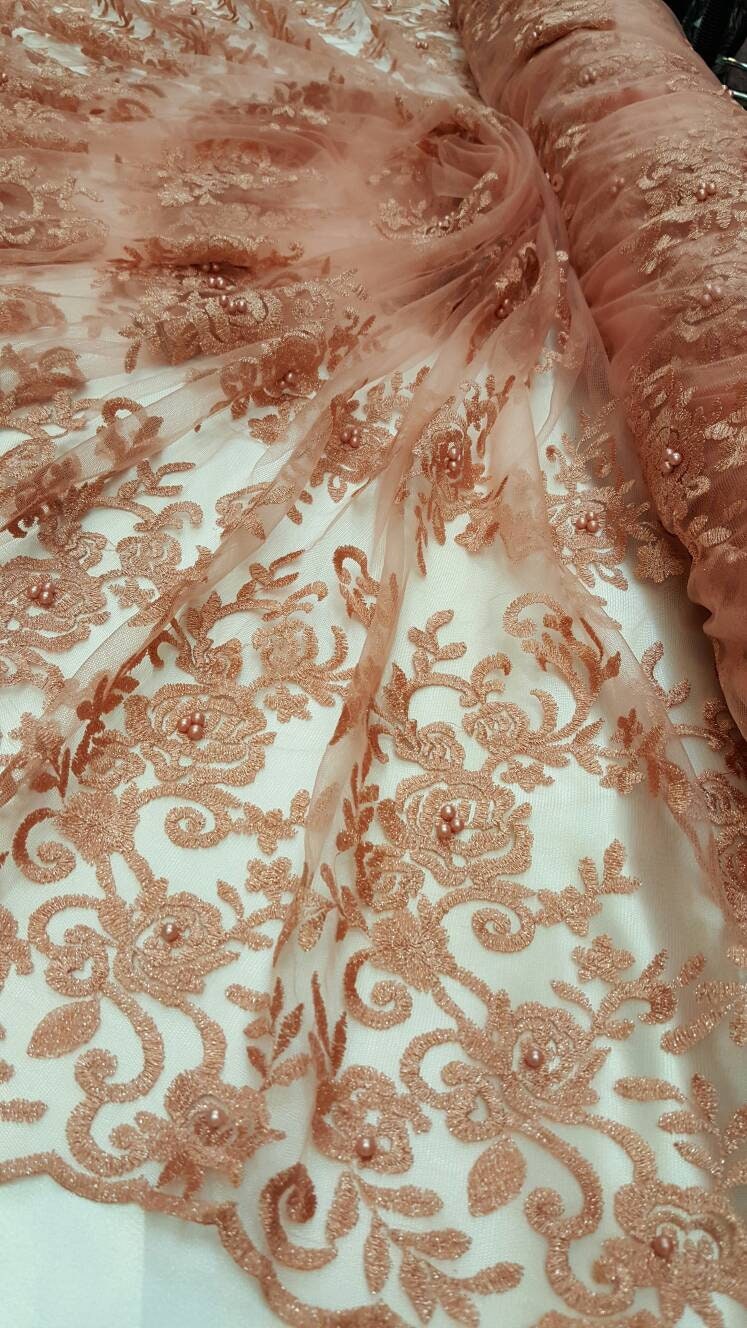 Embroidered Lace Floral Pearls on Mesh Peach