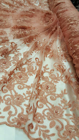 Embroidered Lace Floral Pearls on Mesh Peach