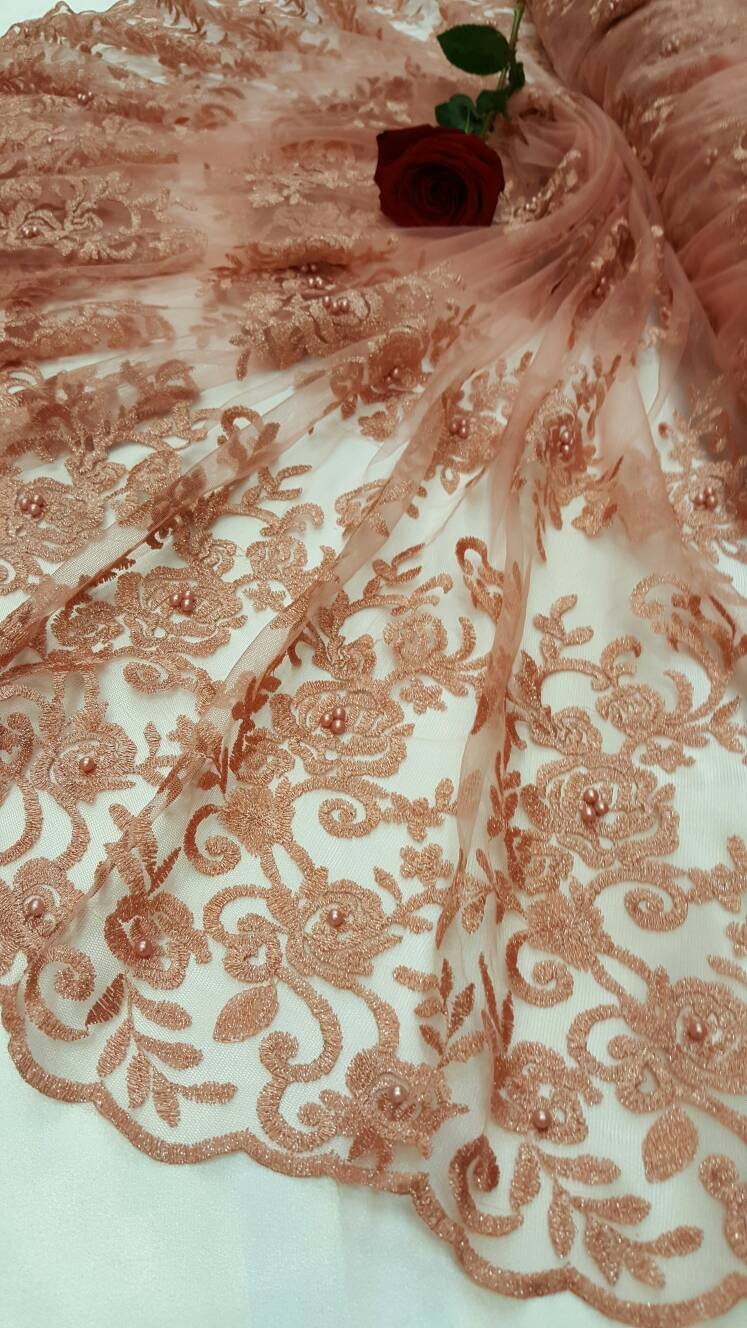 Embroidered Lace Floral Pearls on Mesh Peach