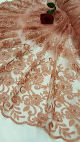 Embroidered Lace Floral Pearls on Mesh Peach