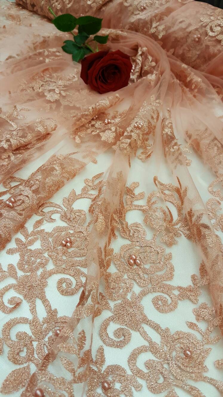 Embroidered Lace Floral Pearls on Mesh Peach