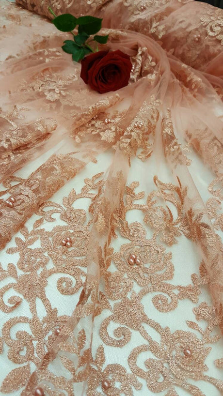 Embroidered Lace Floral Pearls on Mesh Peach