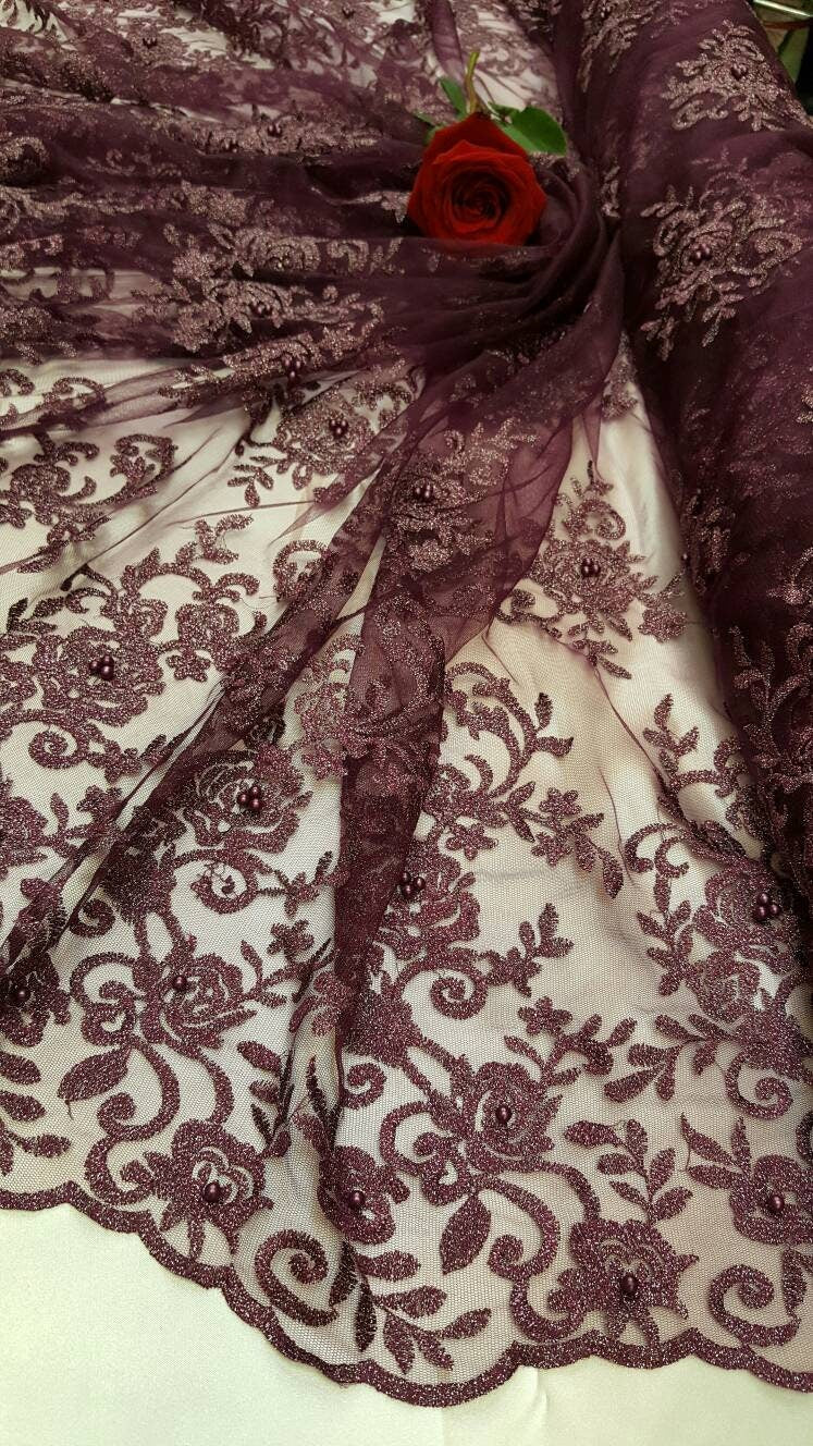 Embroidered Lace on Mesh Eggplant