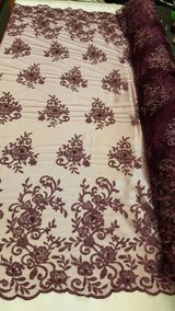 Embroidered Lace on Mesh Eggplant