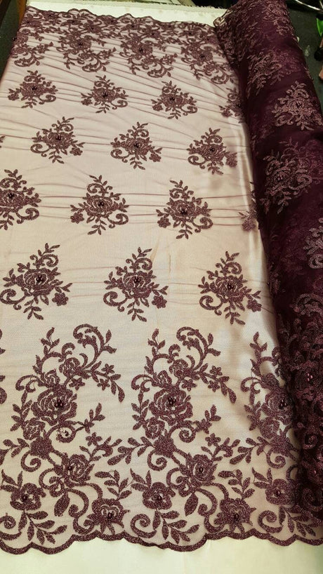 Embroidered Lace on Mesh Eggplant