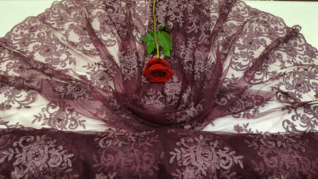 Embroidered Lace on Mesh Eggplant