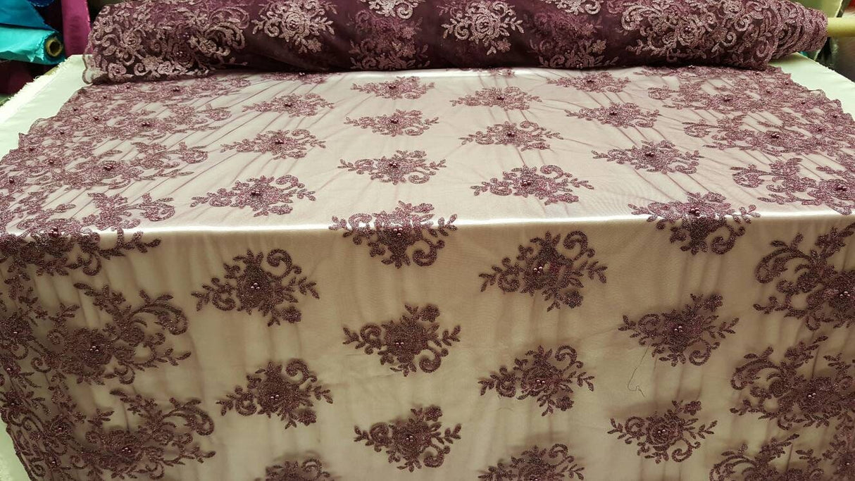 Embroidered Lace on Mesh Eggplant