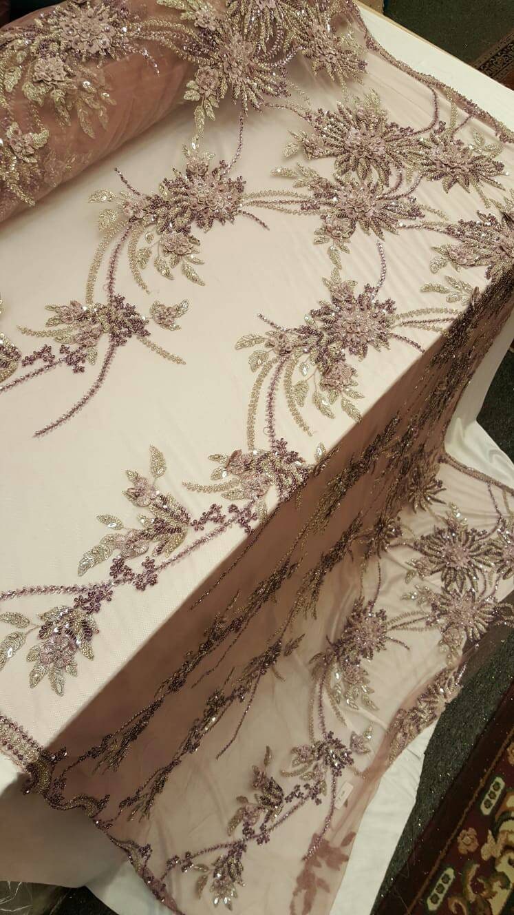 Beaded Bridal Lace Mauve 3D Floral