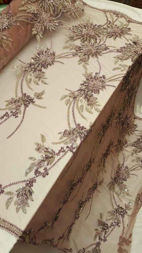 Beaded Bridal Lace Mauve 3D Floral