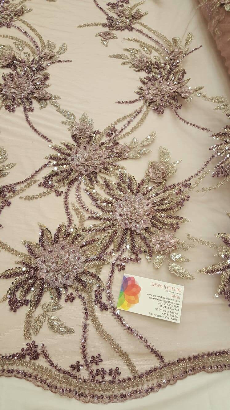 Beaded Bridal Lace Mauve 3D Floral