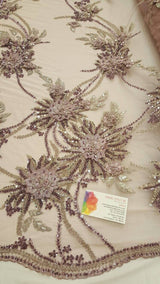 Beaded Bridal Lace Mauve 3D Floral