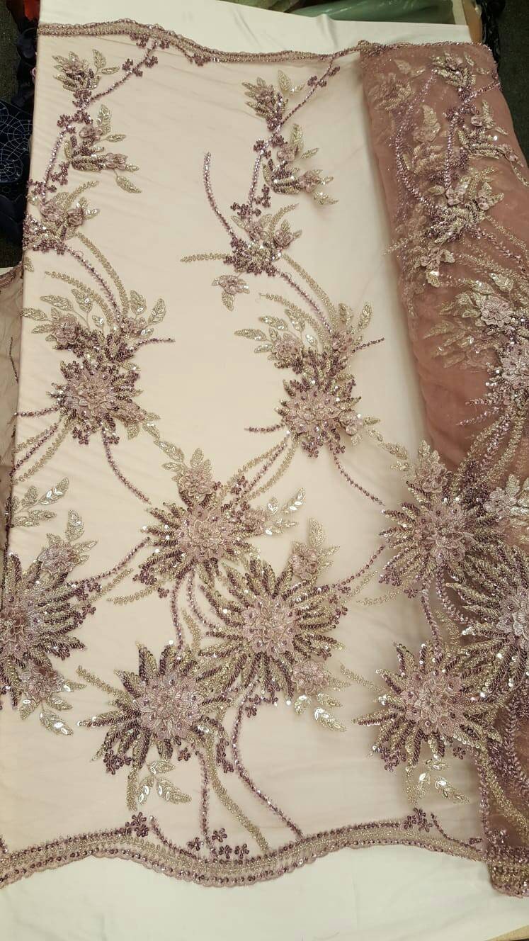 Beaded Bridal Lace Mauve 3D Floral