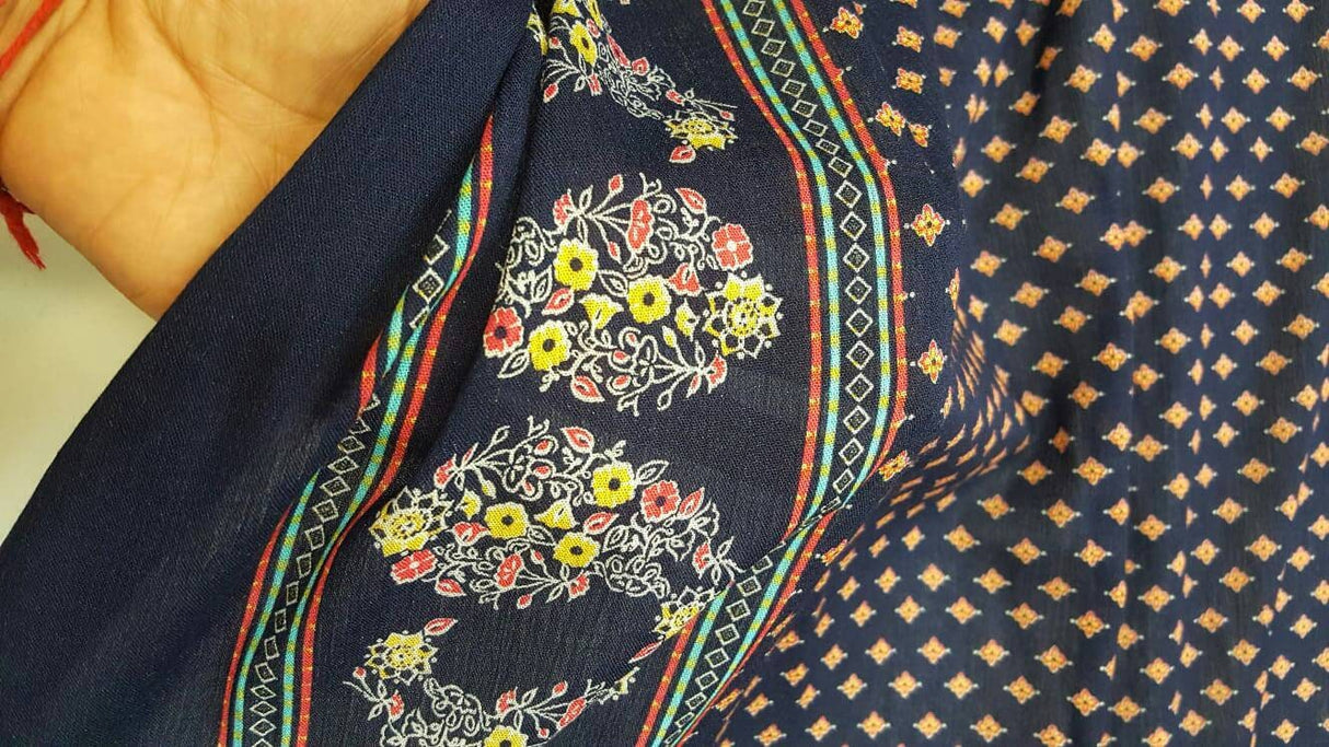 Rayon Challis Floral Print Fabric Navy Blue Yellow