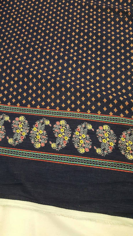 Rayon Challis Floral Print Fabric Navy Blue Yellow