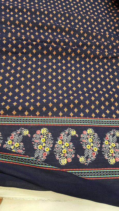 Rayon Challis Floral Print Fabric Navy Blue Yellow