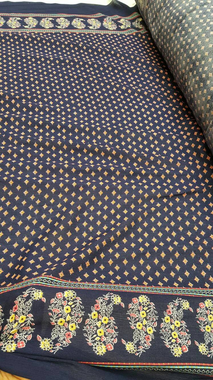 Rayon Challis Floral Print Fabric Navy Blue Yellow