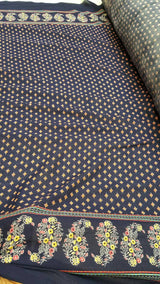 Rayon Challis Floral Print Fabric Navy Blue Yellow