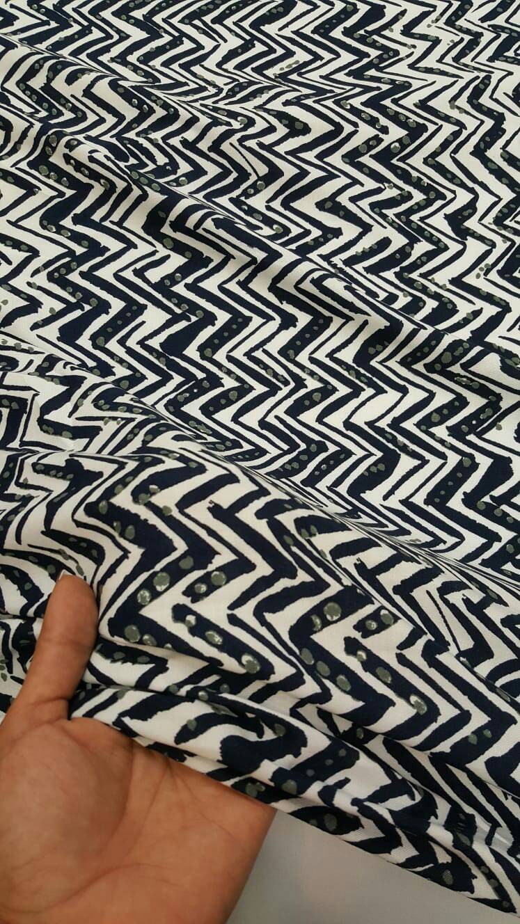 Rayon Challis Navy Blue Chevron Dots