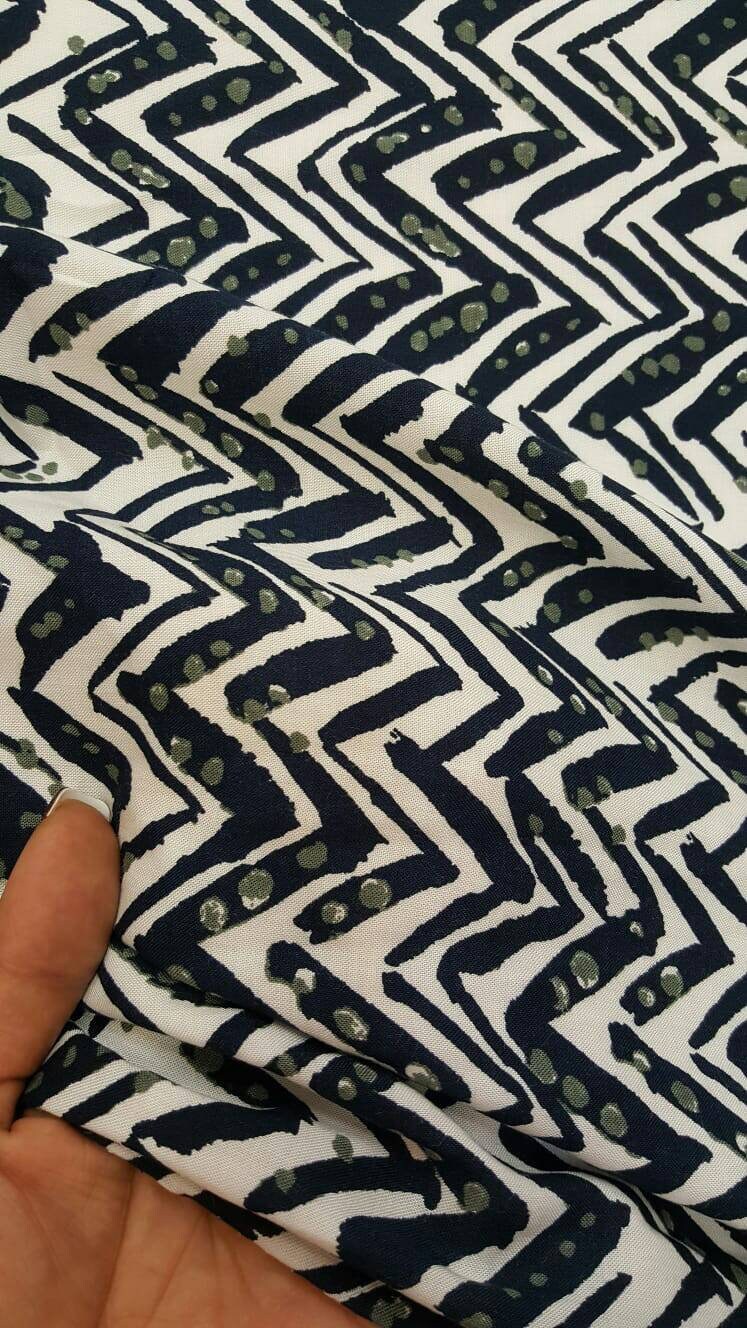 Rayon Challis Navy Blue Chevron Dots