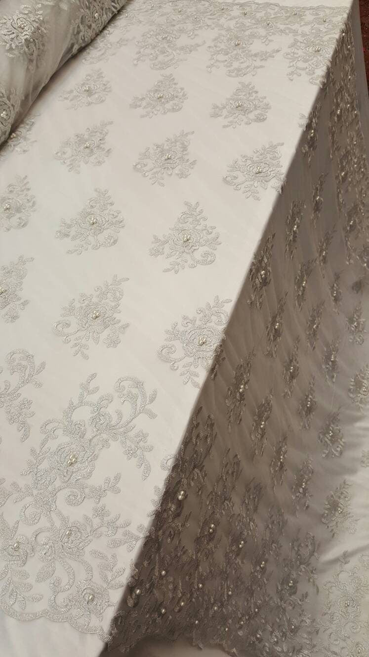 Silver Embroidery Lace with Pearls on Mesh