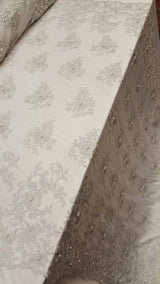 Silver Embroidery Lace with Pearls on Mesh