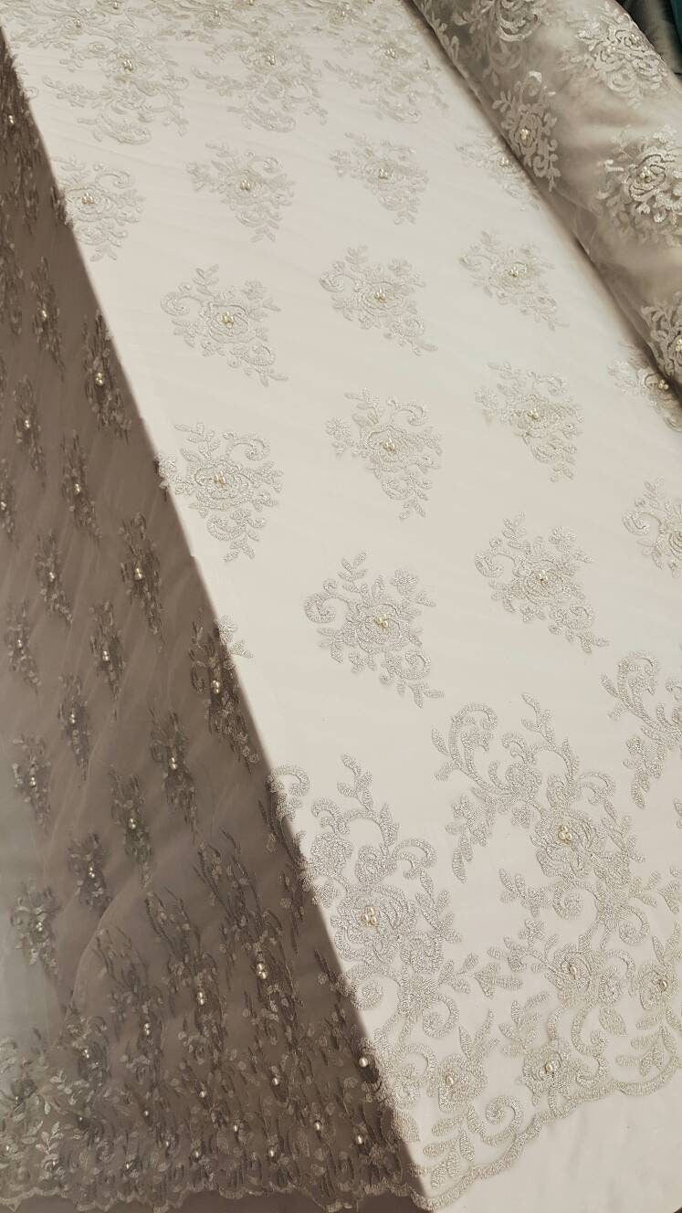 Silver Embroidery Lace with Pearls on Mesh