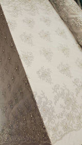 Silver Embroidery Lace with Pearls on Mesh