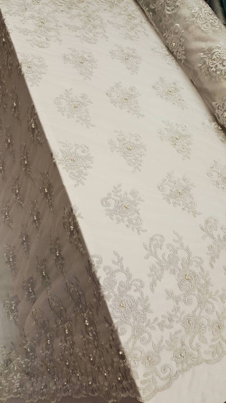 Silver Embroidery Lace with Pearls on Mesh