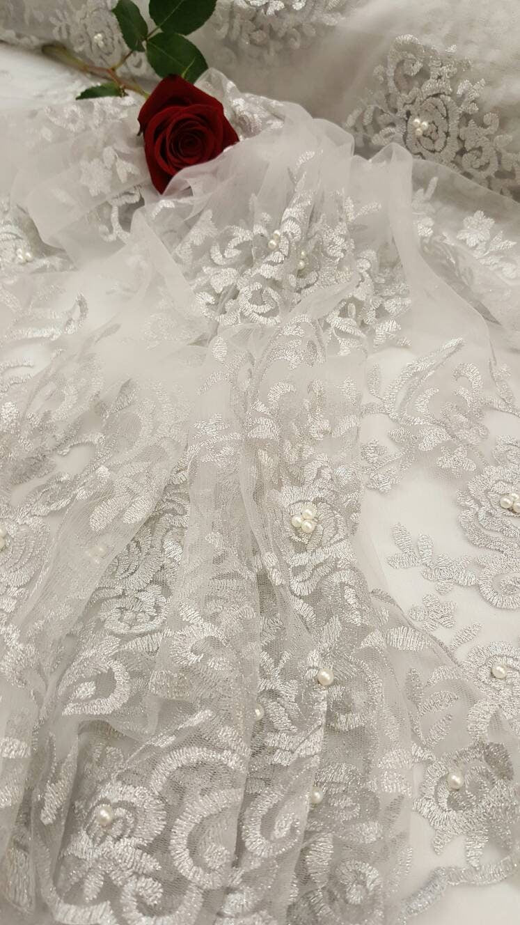 Silver Embroidery Lace with Pearls on Mesh