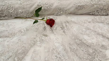 Silver Embroidery Lace with Pearls on Mesh