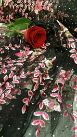Pink Floral Embroidered Lace on Black Mesh