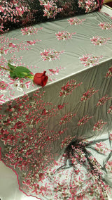 Pink Floral Embroidered Lace on Black Mesh