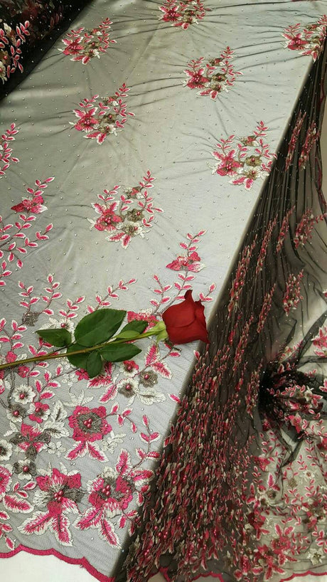 Pink Floral Embroidered Lace on Black Mesh