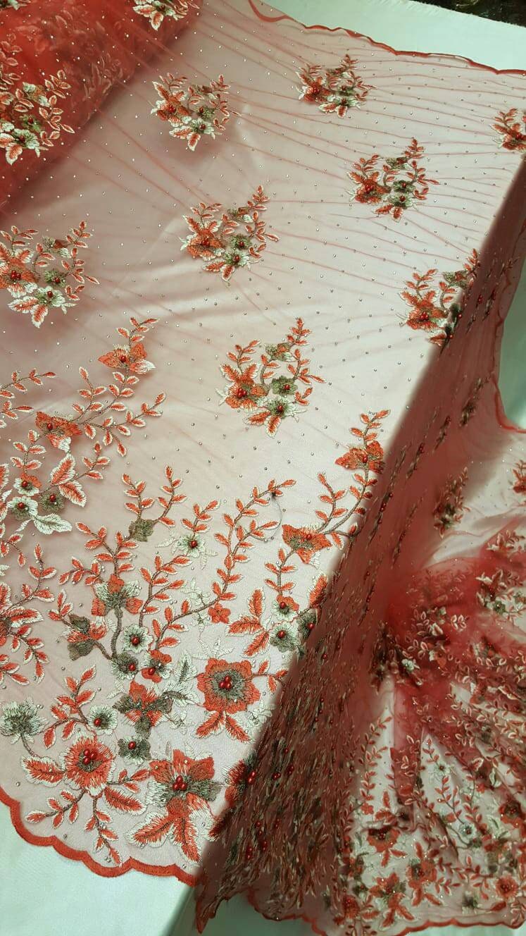 Embroidered Floral Lace Mesh Coral