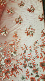 Embroidered Floral Lace Mesh Coral